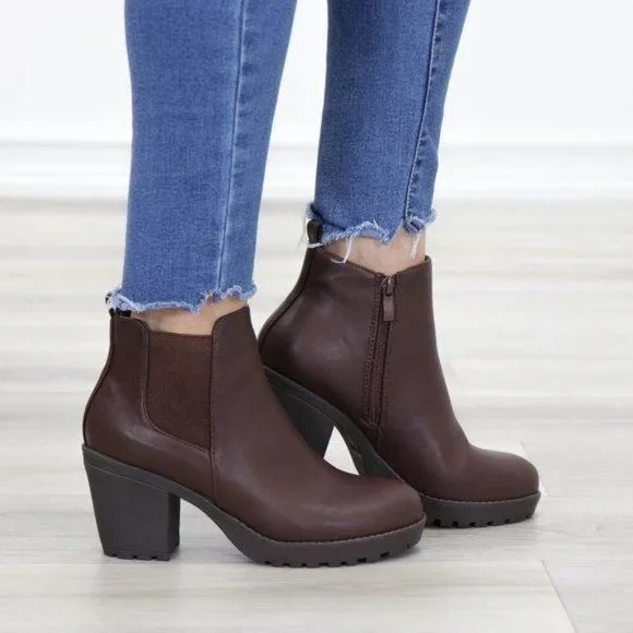 Lug Sole Ankle Boots Brown Chelsea Booties - Picture 6 of 15